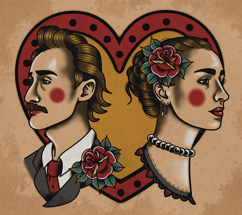 Illustration of two people framed by a heart
