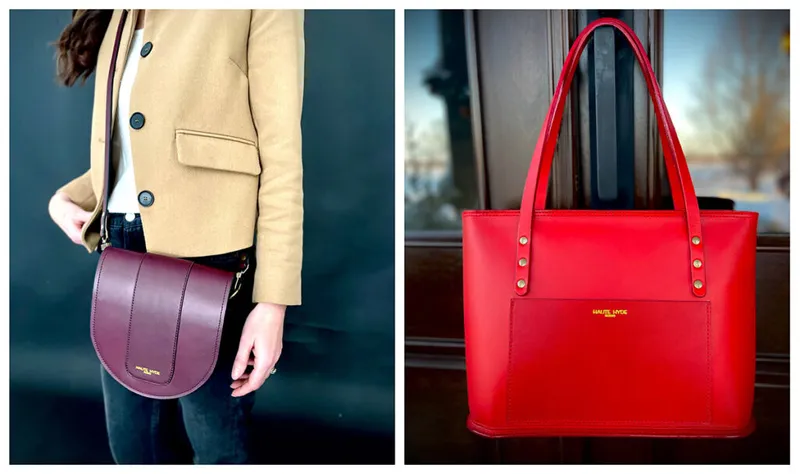 Woman in tan blazer with burgundy leather crossbody bag beside a red leather tote