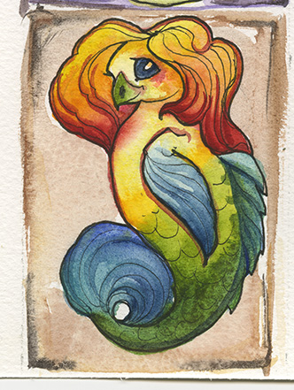 Watercolor illustration of a mermaid with red hair and a curled blue-green tail