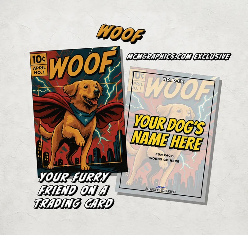 Two comic-book-style trading cards featuring a golden retriever in a superhero cape