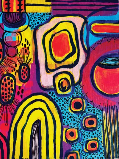 Bold abstract painting with layered rounded shapes in yellow, red, blue, and magenta