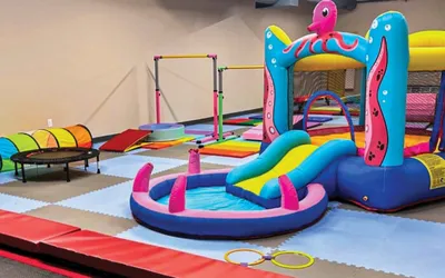 Colorful indoor play area with an octopus bounce house, slide, gymnastics bars, and foam mat flooring