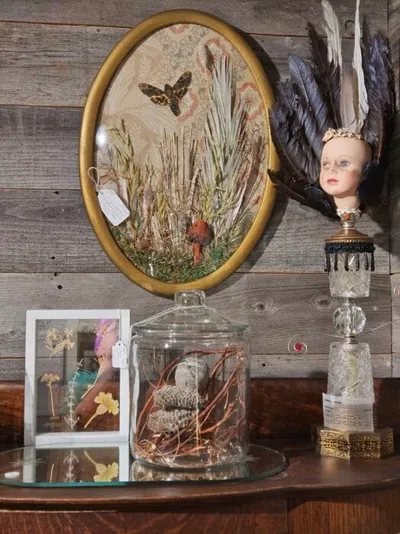 Eclectic vignette with oval framed botanical artwork, doll head with feathers, and glass cloche on wooden dresser