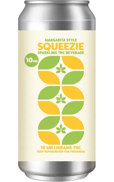Squeezie margarita-style sparkling THC beverage can, 10mg, with yellow and green leaf pattern