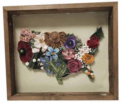 Framed shadow box with a floral quilling art piece shaped like the contiguous US map