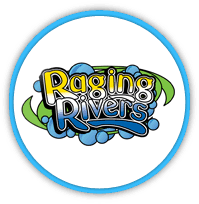 Raging Rivers logo with colorful lettering and water splash design