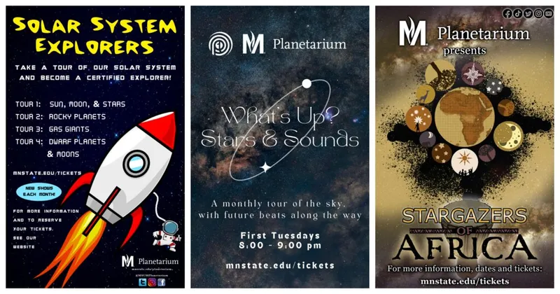 Three event posters for MSUM Planetarium shows: Solar System Explorers, What's Up Stars & Sounds, and Stargazers of Africa