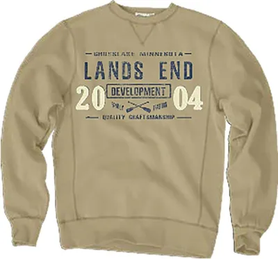 Tan crewneck sweatshirt with 'Lands End Development 2004' graphic print
