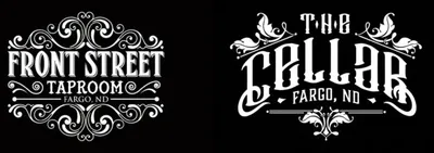 Logos for Front Street Taproom and The Cellar, both in Fargo, ND, on a black background