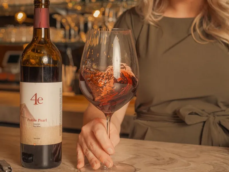 Woman swirling red wine in a large glass beside a 4e Petite Pearl bottle at a bar