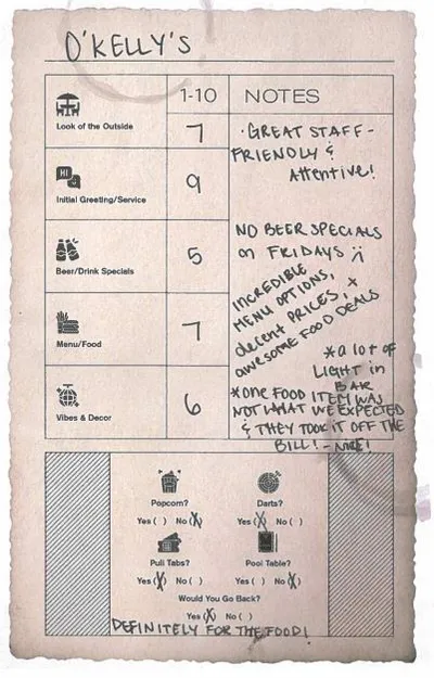Handwritten review scorecard for O'Kelly's with ratings and handwritten notes