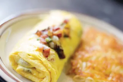 Rolled egg omelet topped with diced tomatoes and green onions beside a golden hash brown