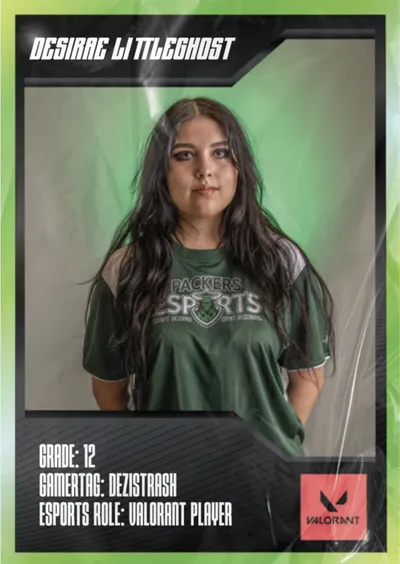 Esports trading card for a grade 12 Valorant player in a green Packers Esports jersey
