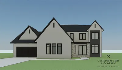3D architectural rendering of a two-story modern farmhouse with dark roof and attached garage