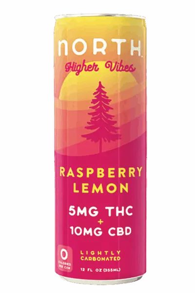 North Higher Vibes Raspberry Lemon can with 5mg THC and 10mg CBD, pink-to-yellow gradient design