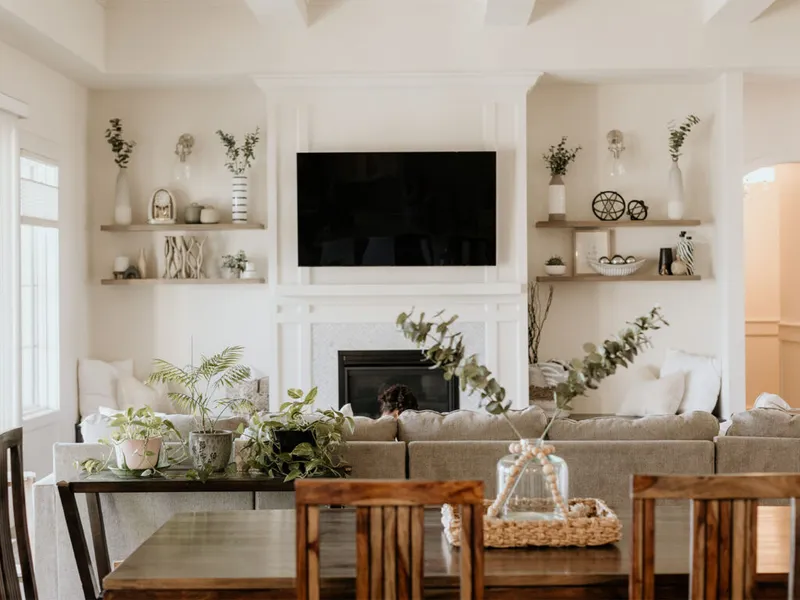 Bright open-plan living room with built-in shelves, wall-mounted TV, fireplace, and potted greenery