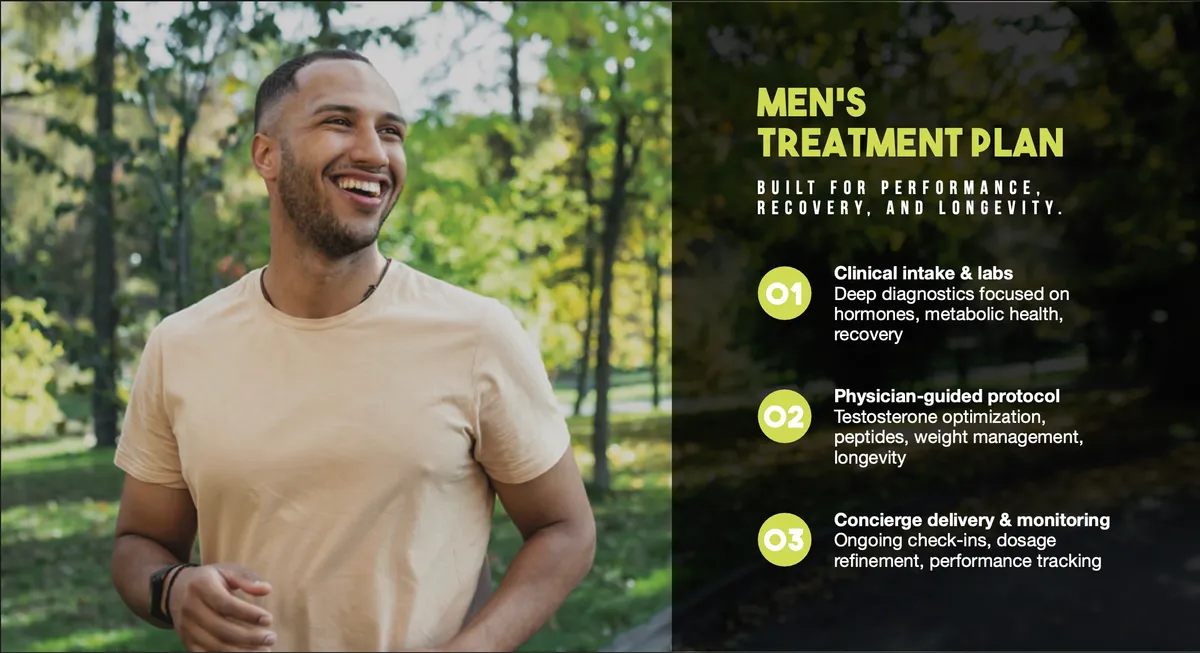 Smiling man in beige t-shirt jogging outdoors beside a men's treatment plan infographic