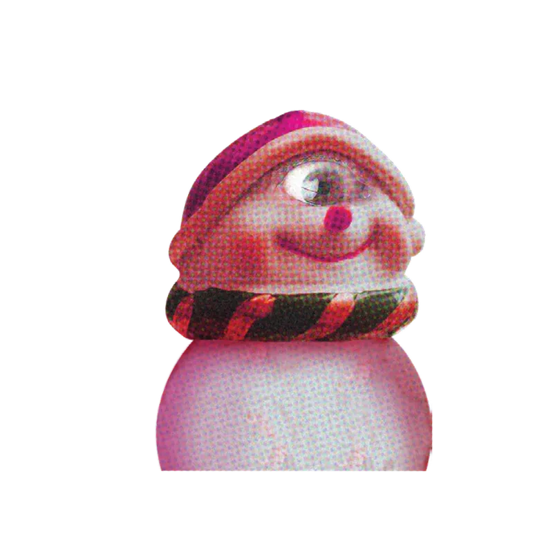 Pink snowman figurine with striped scarf and winter hat