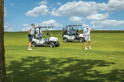 Two golfers stand near a pair of white golf carts on a sunny green fairway