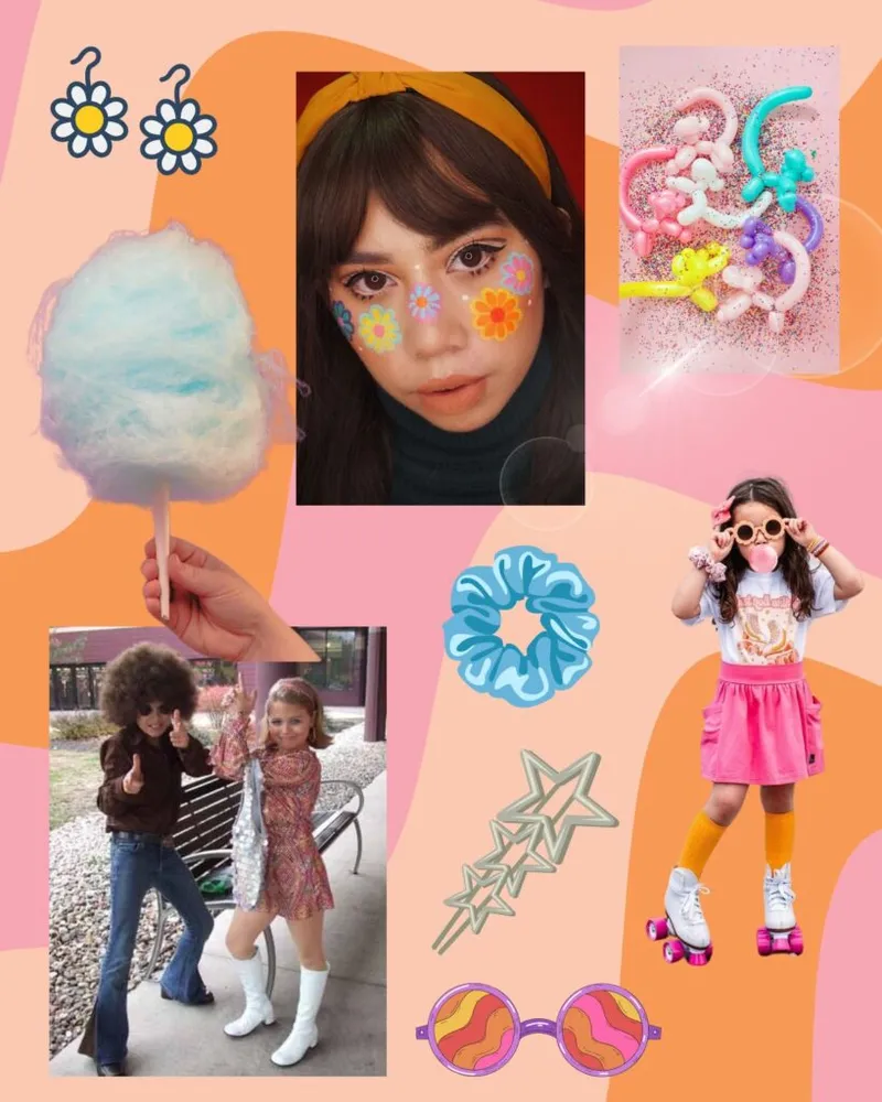 Retro-themed collage with floral face paint, roller skates, 70s outfits, cotton candy, and colorful accessories