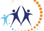 Three blue figures with arms raised beside a dotted orange arc, forming a logo