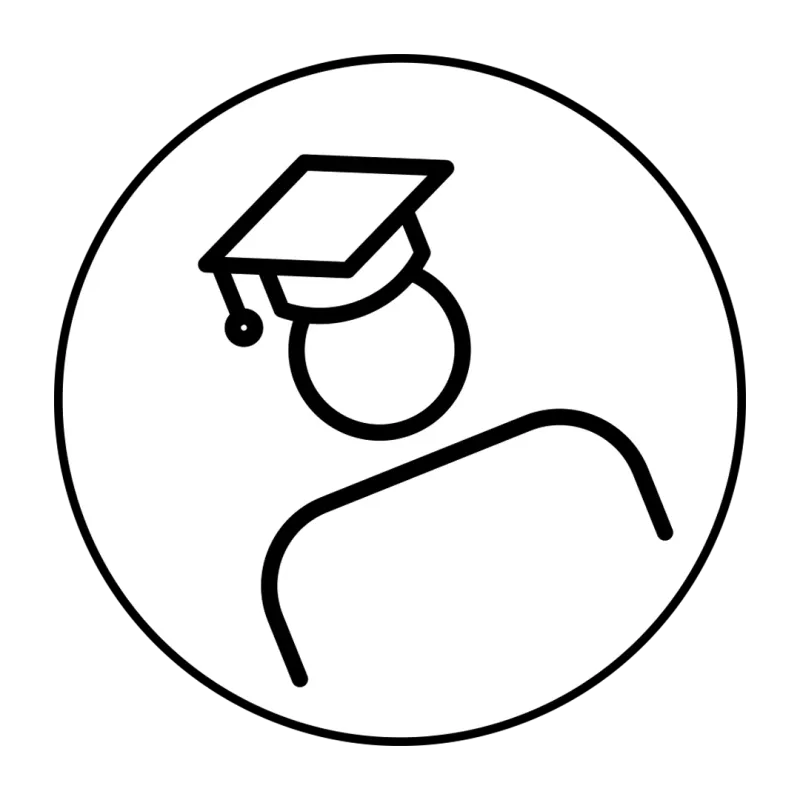 Line-art icon of a person wearing a graduation cap inside a circle