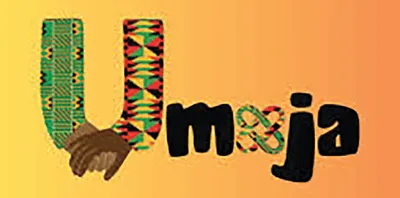 Umoja logo with kente cloth-patterned letters on a yellow-orange background