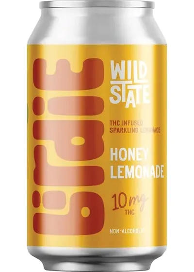 Gold aluminum can of Wild State Honey Lemonade THC-infused sparkling drink, 10mg