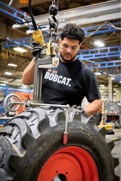 Worker in safety glasses and Bobcat shirt assembling a large tire on a factory floor