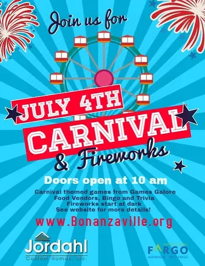 Colorful flyer for a July 4th Carnival and Fireworks event featuring a Ferris wheel on a bright blue background