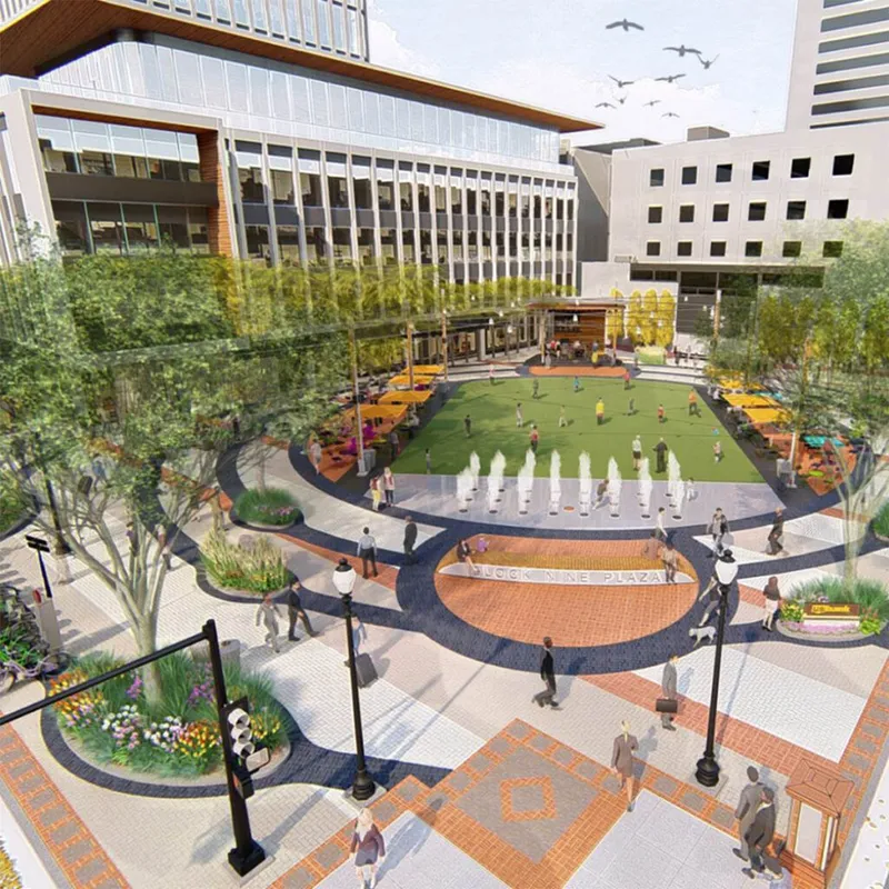 Architectural rendering of an urban plaza with fountains, green lawn, pedestrians, and surrounding buildings
