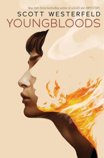 Book cover of Youngbloods by Scott Westerfeld featuring a face in profile with flames