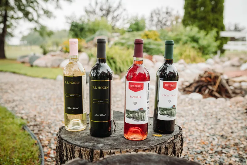 Four wine bottles from R.E. Hogen and Red Trail labels displayed on a tree stump outdoors