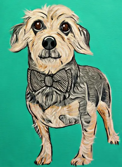 Painted portrait of a scruffy small dog wearing a striped bow tie on a teal background