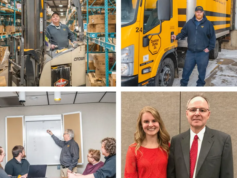 Four-panel collage of warehouse forklift operator, driver beside yellow delivery truck, whiteboard meeting, and two