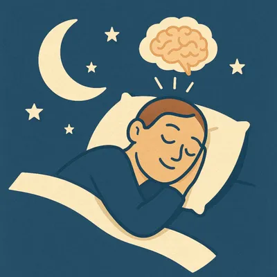 Illustration of a sleeping man with a glowing brain floating above his head, moon and stars in background