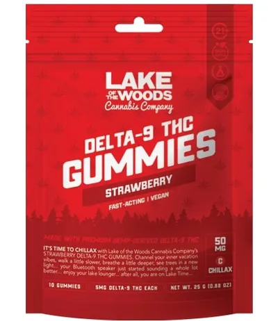 Red resealable bag of strawberry Delta-9 THC gummies, 50mg, 10 count