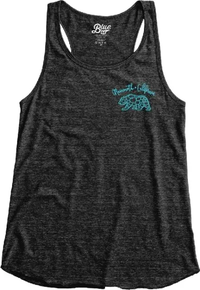 Dark heather racerback tank top with teal bear graphic and cursive text on chest