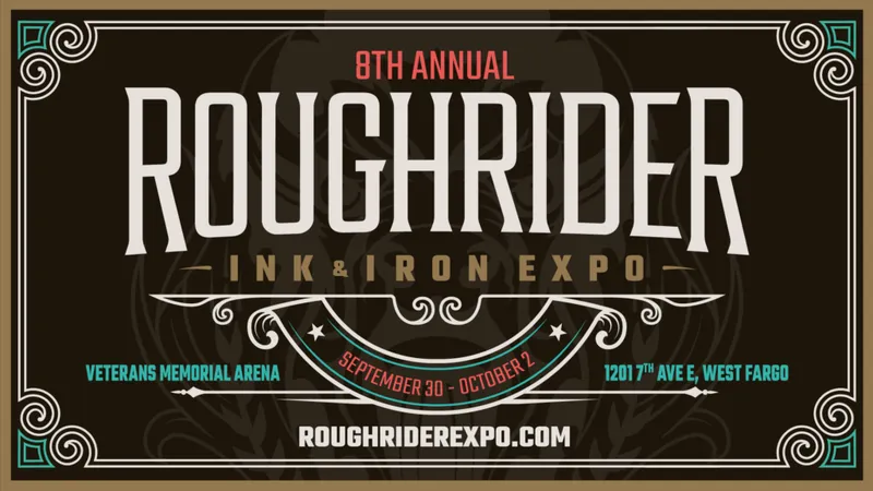8th Annual Roughrider Ink & Iron Expo promotional graphic, Sept 30–Oct 2, West Fargo