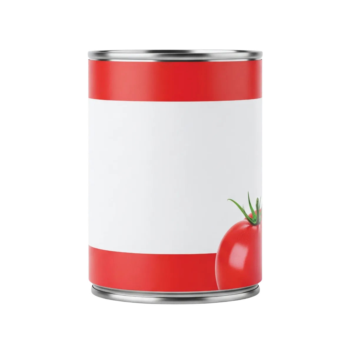 Metal tin can with red label and tomato illustration, blank white center