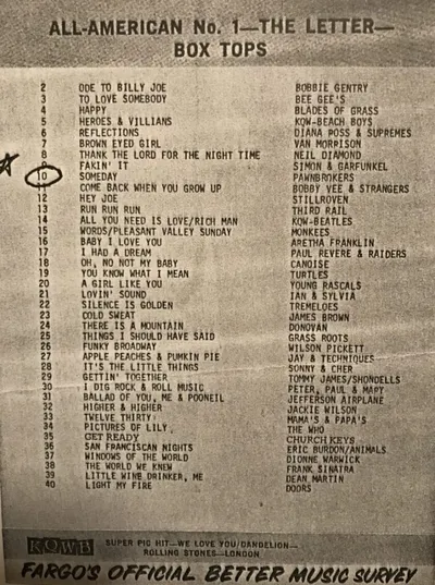 Fargo's Official Better World Music Survey chart listing All-American No. 1 'The Letter' by Box Tops