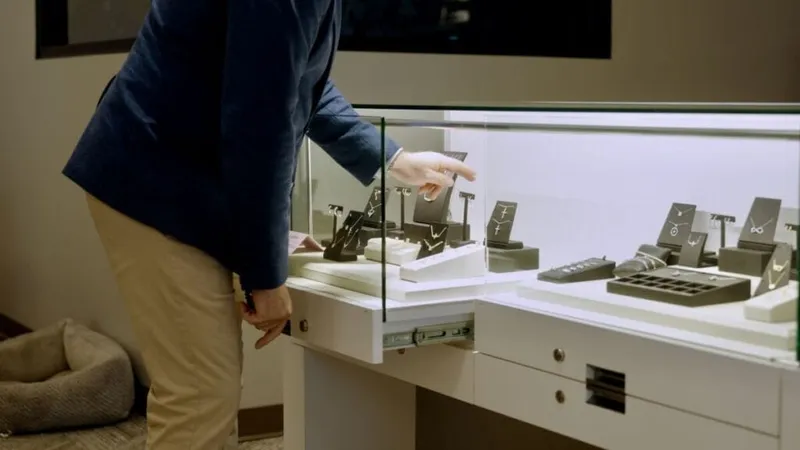 Person in navy blazer browsing a lit jewelry display case with necklaces and rings on stands