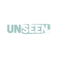UNSEEN wordmark in muted teal brushstroke lettering on white