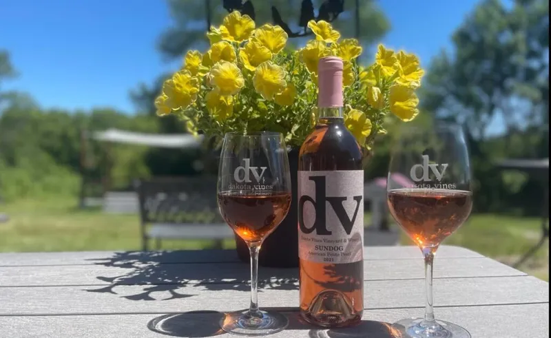 Two rosé wine glasses and a Dakota Vines Sundog bottle on an outdoor table with yellow flowers