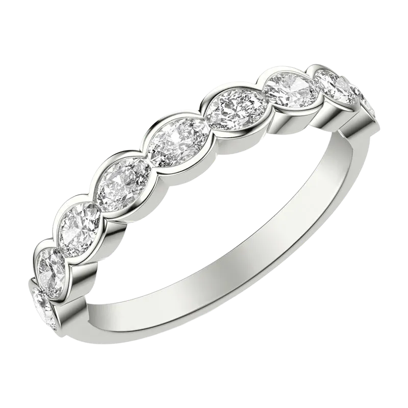 Silver band ring with bezel-set oval clear stones along the top half