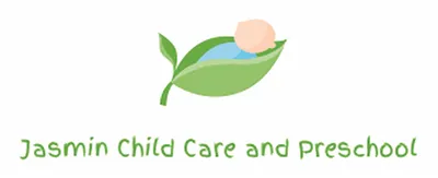 Jasmin Child Care and Preschool logo with a baby resting on a green leaf