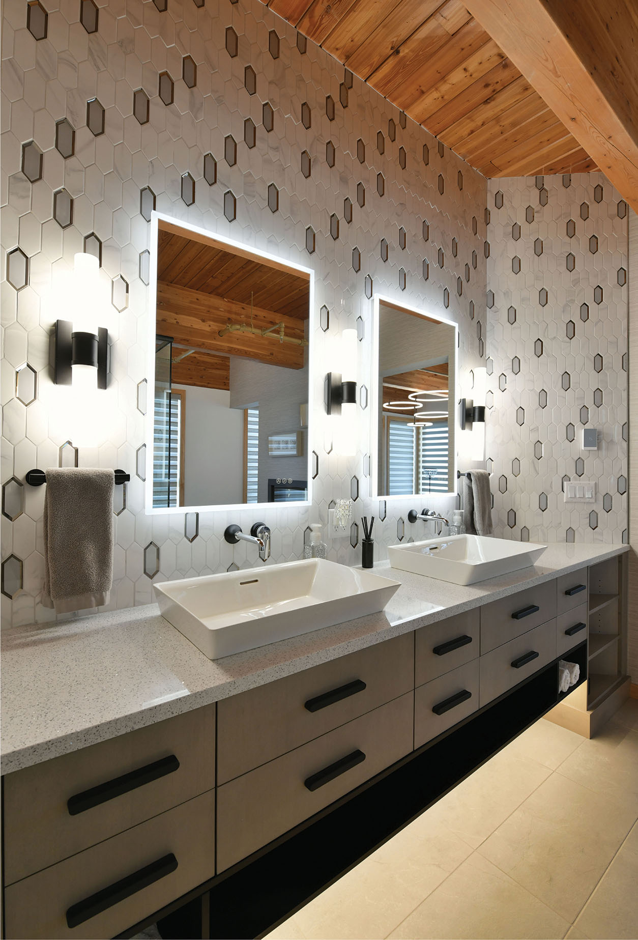 Illuminated double vanity in a renovated condominium