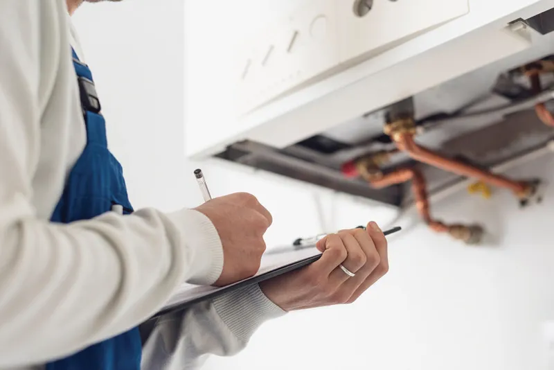 Technician in blue overalls writing on a clipboard near a boiler's copper pipes