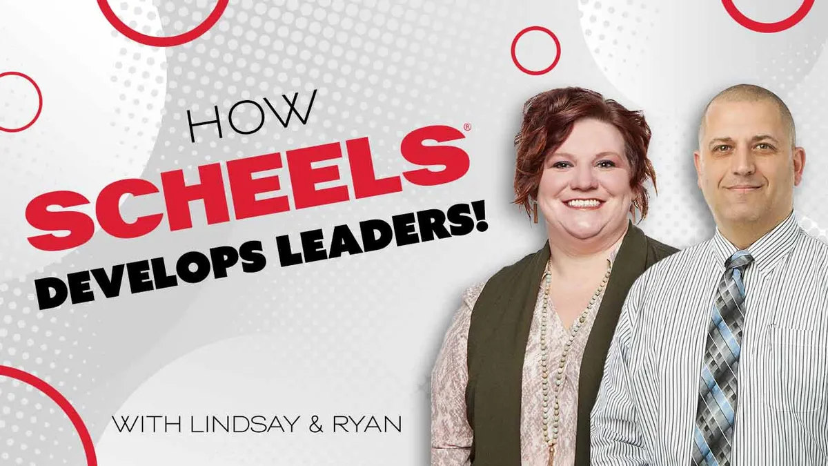 Promotional graphic reading 'How SCHEELS Develops Leaders' with a smiling woman and man in business attire