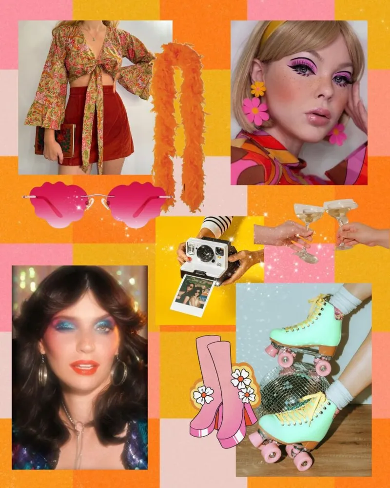 Retro-themed collage with 70s fashion, bold makeup, roller skates, a Polaroid camera, and disco accessories